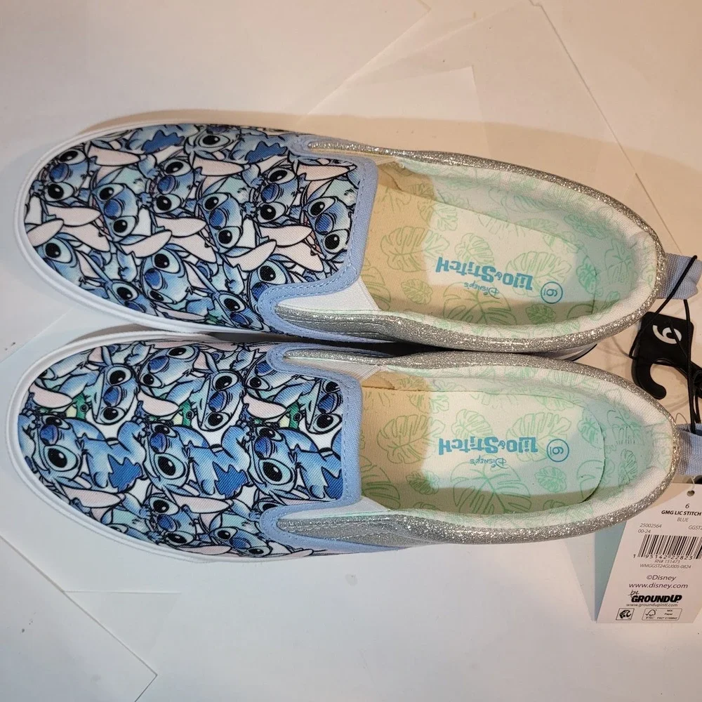Disney‎ Lilo & Stitch Girls Slip-On Sneakers Ground Up Blue Glitter Size 6 New